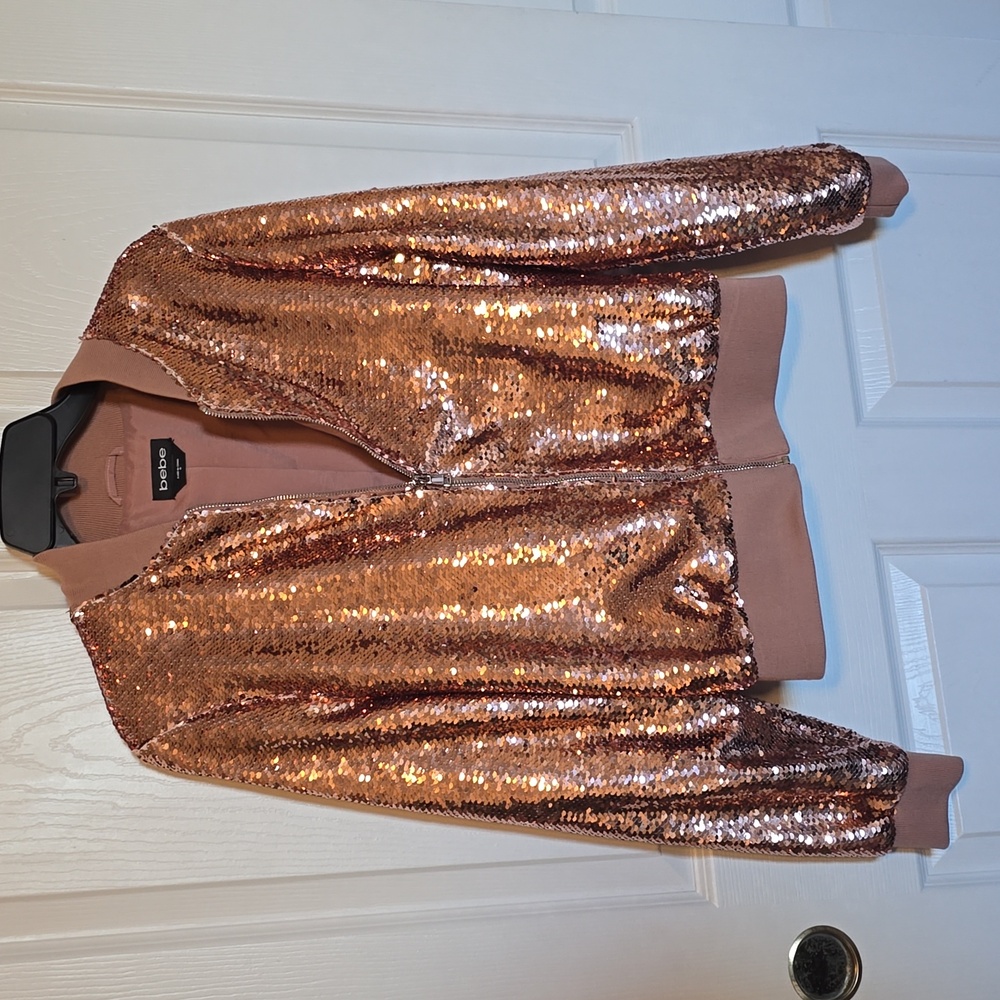 Bebe Sequin Zip Bomber Jacket Rose Gold - Medium M